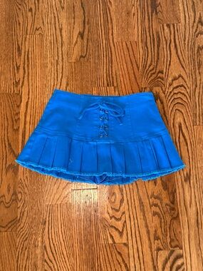 Bright Blue Pleated Mini Skirt with Lace-Up Front